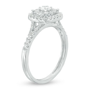 0.60 CT. T.W. Certified Canadian Diamond Double Cushion Frame Engagement Ring in 14K White Gold (I/I2)|Peoples Jewellers