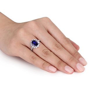 Oval Lab-Created Blue and White Sapphire Sunburst Frame Ring in Sterling  Silver with Diamond Accents|Peoples Jewellers