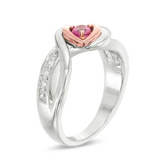 Lab-Created Pink Sapphire and Diamond Accent Tilted Heart Promise Ring in Sterling Silver and 10K Rose Gold|Peoples Jewellers