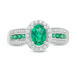 Oval Lab-Created Emerald and White Sapphire Frame Triple Row Ring in Sterling Silver|Peoples Jewellers
