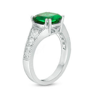 9.0mm Cushion-Cut Lab-Created Emerald and White Sapphire Vintage-Style Ring in Sterling Silver|Peoples Jewellers