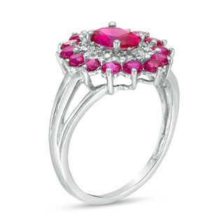 Oval Lab-Created Ruby and Diamond Accent Bead Double Frame Triple Row Ring in 10K White Gold|Peoples Jewellers
