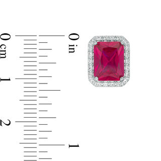 Emerald-Cut Lab-Created Ruby and White Sapphire Octagonal Frame Stud Earrings in Sterling Silver|Peoples Jewellers