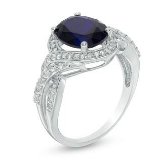 Oval Lab-Created Blue and White Sapphire Bypass Twist Shank Ring in Sterling Silver|Peoples Jewellers