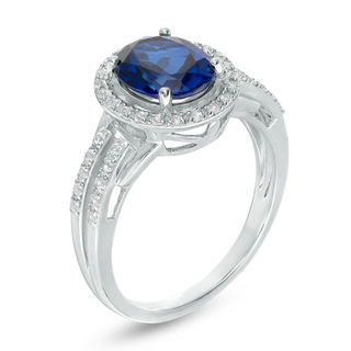 Oval Lab-Created Blue and White Sapphire Frame Split Shank Ring in Sterling Silver|Peoples Jewellers