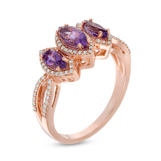 Marquise Amethyst and 0.17 CT. T.W. Diamond Frame Three Stone Open Shank Ring in 14K Rose Gold|Peoples Jewellers