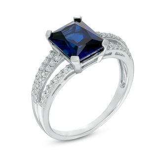 Emerald-Cut Lab-Created Blue and White Sapphire Triple Row Split Shank Ring in Sterling Silver|Peoples Jewellers