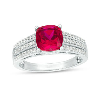 7.0mm Cushion-Cut Lab-Created Ruby and 0.23 CT. T.W. Diamond Triple Row Ring in 10K White Gold|Peoples Jewellers