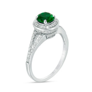 6.0mm Lab-Created Emerald and 0.29 CT. T.W. Diamond Frame Split Shank Ring in 10K White Gold|Peoples Jewellers