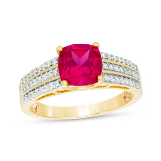 7.0mm Cushion-Cut Lab-Created Ruby and 0.23 CT. T.W. Diamond Triple Row Ring in 10K White, Yellow or Rose Gold|Peoples Jewellers