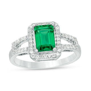 Emerald-Cut Lab-Created Emerald and 0.23 CT. T.W. Diamond Frame Open Shank Ring in 10K White, Yellow or Rose Gold|Peoples Jewellers