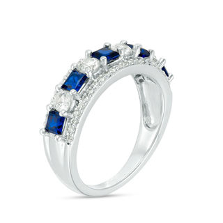 Princess-Cut Lab-Created Blue and White Sapphire with 0.23 CT. T.W. Diamond Alternating Motif Ring in 10K White Gold|Peoples Jewellers