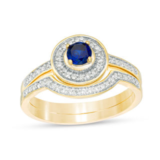 4.0mm Lab-Created Blue Sapphire and 0.23 CT. T.W. Diamond Frame Bridal Set in 10K White, Yellow or Rose Gold|Peoples Jewellers