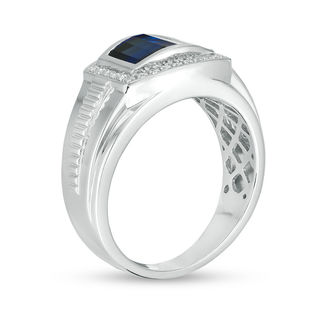 Men's Barrel Lab-Created Ceylon Blue and White Sapphire Frame Stepped Shank Ring in Sterling Silver|Peoples Jewellers