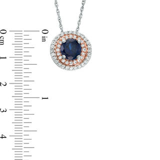 6.0mm Lab-Created Blue and White Sapphire Double Frame Pendant in Sterling Silver and 14K Rose Gold|Peoples Jewellers