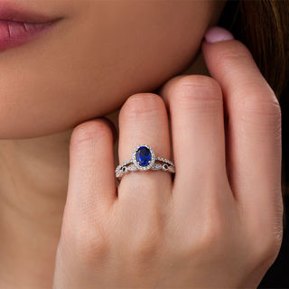 Oval Lab-Created Blue and White Sapphire Frame Vintage-Style Bridal Set in 10K White Gold|Peoples Jewellers