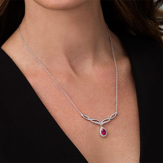 Pear-Shaped Lab-Created Ruby and White Sapphire Braided Chevron Necklace in Sterling Silver|Peoples Jewellers
