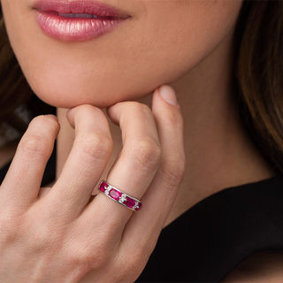Oval Lab-Created Ruby and White Sapphire Alternating Band in Sterling Silver|Peoples Jewellers