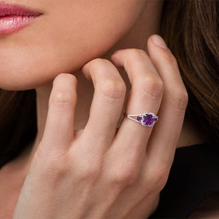 6.0mm Amethyst and 0.18 CT. T.W. Diamond Scallop Frame Ring in Sterling Silver|Peoples Jewellers