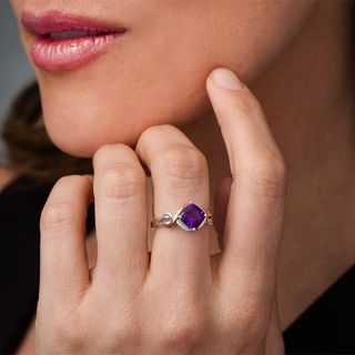 7.0mm Cushion-Cut Amethyst and 0.040 CT. T.W. Diamond Overlay Frame Ring in Sterling Silver and 10K Rose Gold|Peoples Jewellers