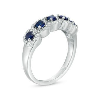 Lab-Created Blue and White Sapphire Frame Five Stone Ring in Sterling Silver|Peoples Jewellers