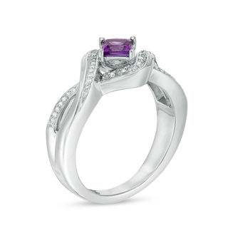 4.0mm Princess-Cut Amethyst and 0.085 CT. T.W. Diamond Split Shank Ring in Sterling Silver|Peoples Jewellers