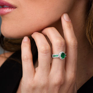 Oval Lab-Created Emerald and White Sapphire Frame Ring in Sterling Silver|Peoples Jewellers