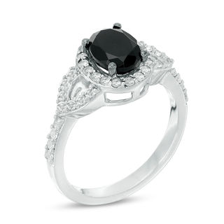Oval Lab-Created Black and White Sapphire Frame Open Leaf Ring in Sterling Silver|Peoples Jewellers