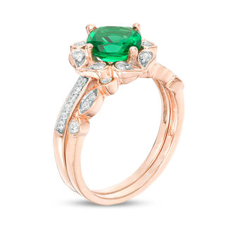 7.0mm Cushion-Cut Lab-Created Emerald and 0.29 CT. T.W. Diamond Flower Frame Bridal Set in 10K Rose Gold|Peoples Jewellers