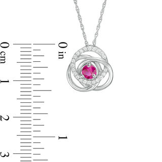 4.0mm Lab-Created Ruby and 0.085 CT. T.W. Diamond Love Knot Frame Pendant in Sterling Silver|Peoples Jewellers