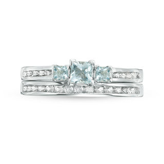 Princess-Cut Aquamarine and Lab-Created White Sapphire Three Stone Bridal Set in Sterling Silver|Peoples Jewellers