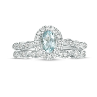 Oval Aquamarine and 0.21 CT. T.W. Diamond Frame Vintage-Style Bridal Set in 10K White Gold|Peoples Jewellers