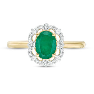 Oval Emerald and 0.085 CT. T.W. Diamond Frame Vintage-Style Ring in 10K Gold|Peoples Jewellers