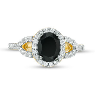 Oval Lab-Created Black and White Sapphire Frame Open Leaf Ring in 10K Gold|Peoples Jewellers