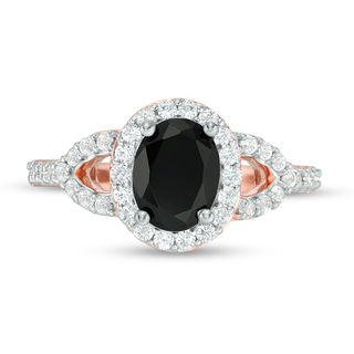 Oval Lab-Created Black and White Sapphire Frame Open Leaf Ring in 10K Rose Gold|Peoples Jewellers