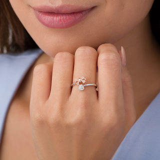 Diamond Accent Heart and Bow Bypass Wrap Ring in Sterling Silver and 10K Rose Gold|Peoples Jewellers
