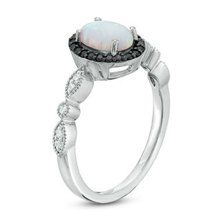 Oval Lab-Created Opal and 0.14 CT. T.W. Enhanced Black and White Diamond Frame Ring in Sterling Silver|Peoples Jewellers