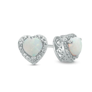 5.0mm Heart-Shaped Lab-Created Opal and Diamond Accent Bead Frame Stud Earrings in Sterling Silver|Peoples Jewellers
