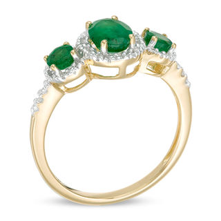 Oval Emerald and 0.04 CT. T.W. Diamond Three Stone Frame Ring in 10K Gold|Peoples Jewellers