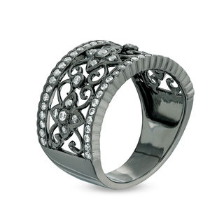 Lab-Created White Sapphire Ornate Scroll and Flowers Ring in Sterling Silver with Black Rhodium|Peoples Jewellers