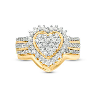 0.58 CT. T.W. Composite Diamond Sunburst Heart Frame Multi-Row Bridal Set in Sterling Silver with 14K Gold Plate|Peoples Jewellers