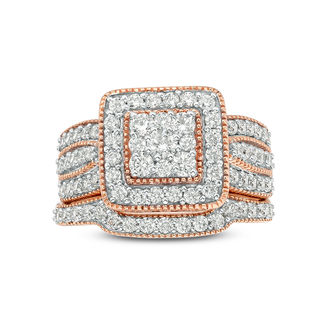 1.23 CT. T.W. Multi-Diamond Square Frame Vintage-Style Multi-Row Bridal Set in 10K Rose Gold|Peoples Jewellers