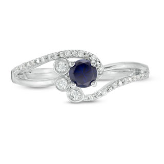 4.0mm Lab-Created Blue Sapphire and 0.065 CT. T.W. Diamond Bezel-Set Side Accent Bypass Promise Ring in Sterling Silver|Peoples Jewellers