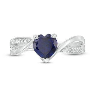 6.0mm Heart-Shaped Lab-Created Sapphire and 0.04 CT. T.W. Diamond Crossover Bypass Promise Ring in Sterling Silver|Peoples Jewellers