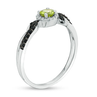 4.0mm Peridot and 0.145 CT. T.W. Enhanced Black and White Diamond Frame Crossover Loop Promise Ring in 10K White Gold|Peoples Jewellers