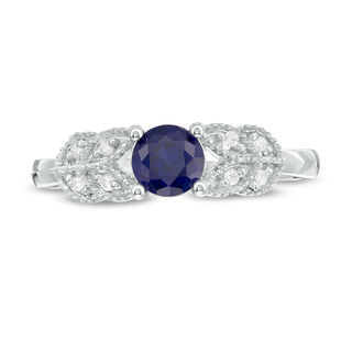 5.0mm Lab-Created Blue Sapphire and 0.04 CT. T.W. Diamond Leaf-Sides Vintage-Style Promise Ring in 10K White Gold|Peoples Jewellers