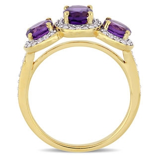 Oval Amethyst and 0.28 CT. T.W. Diamond Three Stone Frame Vintage-Style Ring in Sterling Silver with Yellow Rhodium|Peoples Jewellers