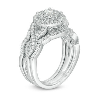 0.96 CT. T.W. Diamond Double Frame Twist Three Piece Bridal Set in 14K White Gold|Peoples Jewellers