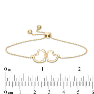 Double Heart Outline Bolo Bracelet in 10K Gold - 9.5"|Peoples Jewellers