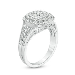 0.45 CT. T.W. Composite Diamond Double Cushion Frame Split Shank Engagement Ring in Sterling Silver|Peoples Jewellers